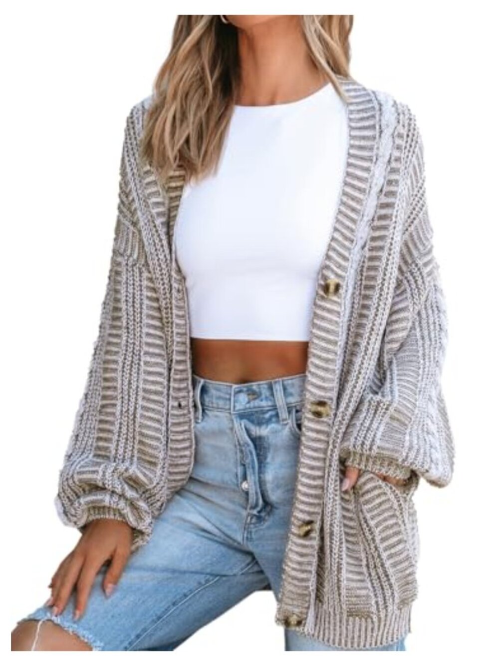 Oversized Chunky Cable Knit Open Front Cardigan with Pockets